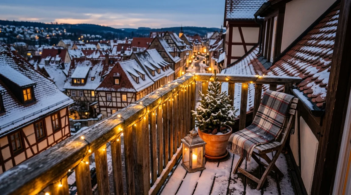 Schmaler Balkon im Winter am Abend mit Lichterkette am Geländer, Laterne und Klappstuhl mit Decke, dahinter verschneite Dächer.