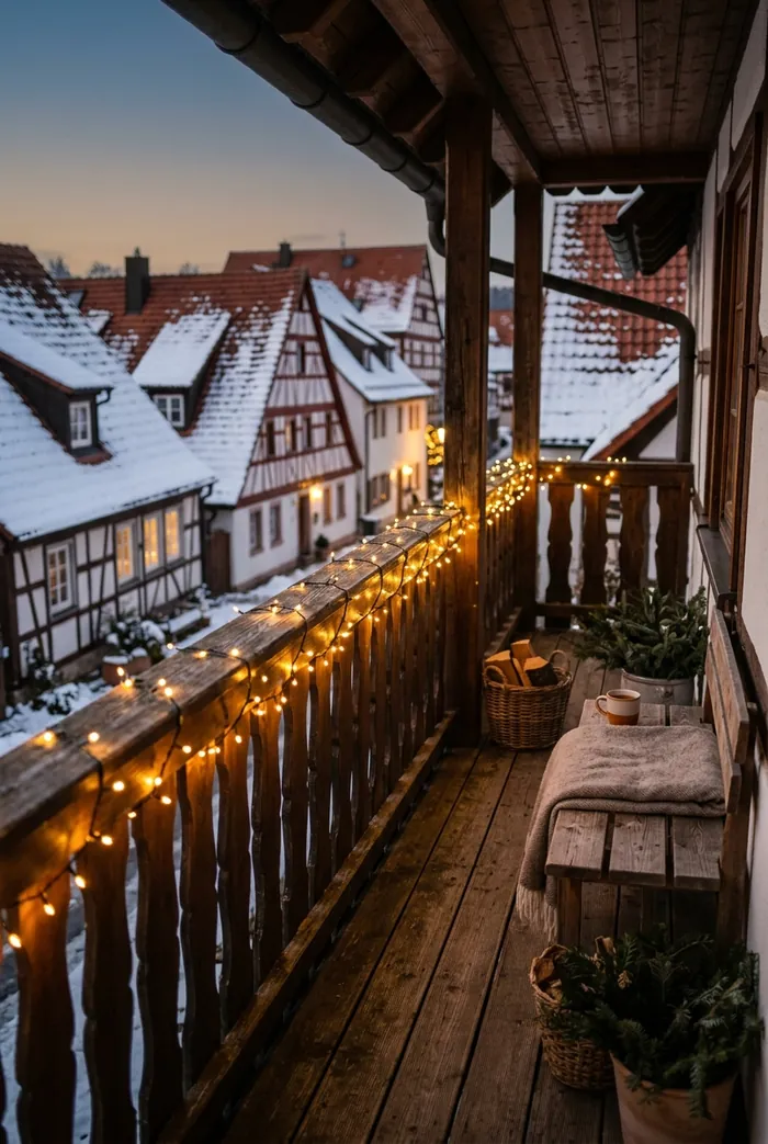 Schmaler Balkon mit warmweißer Lichterkette am Geländer im Winter.