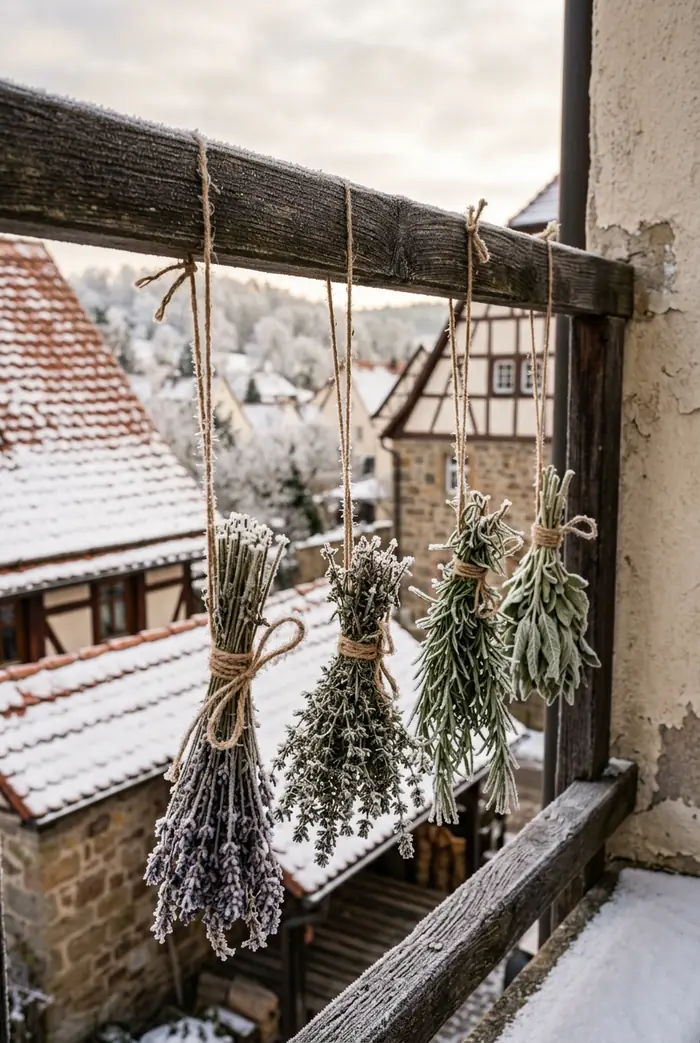 Kräuterbündel mit Jutebändern an einer Balkonwand im Winter.