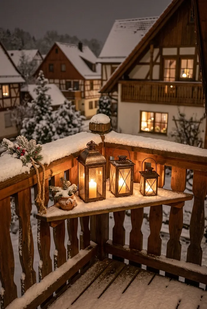 Balkonecke mit drei Laternen unterschiedlicher Höhe im Winter.