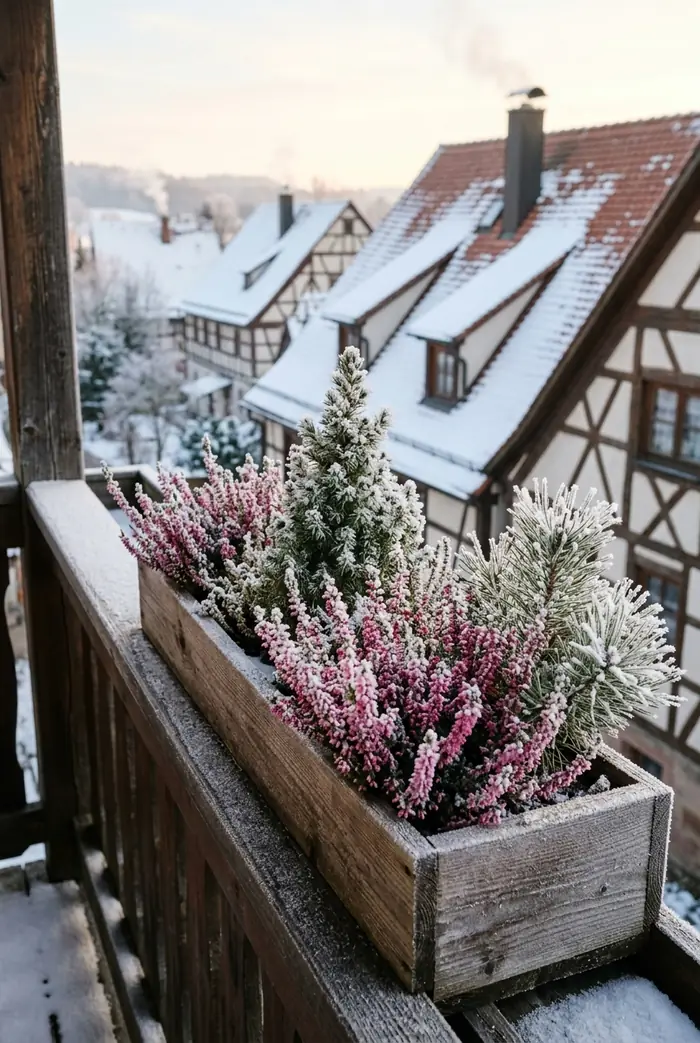 Balkonkasten mit winterharter Heide und kleinen Nadelgehölzen.