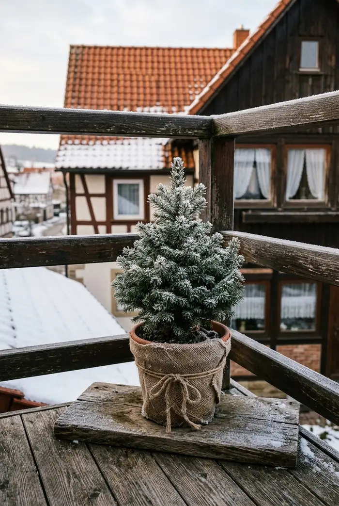 Kleine Kübelpflanze im Jutesack auf einem Holzbrett auf dem Balkon im Winter.