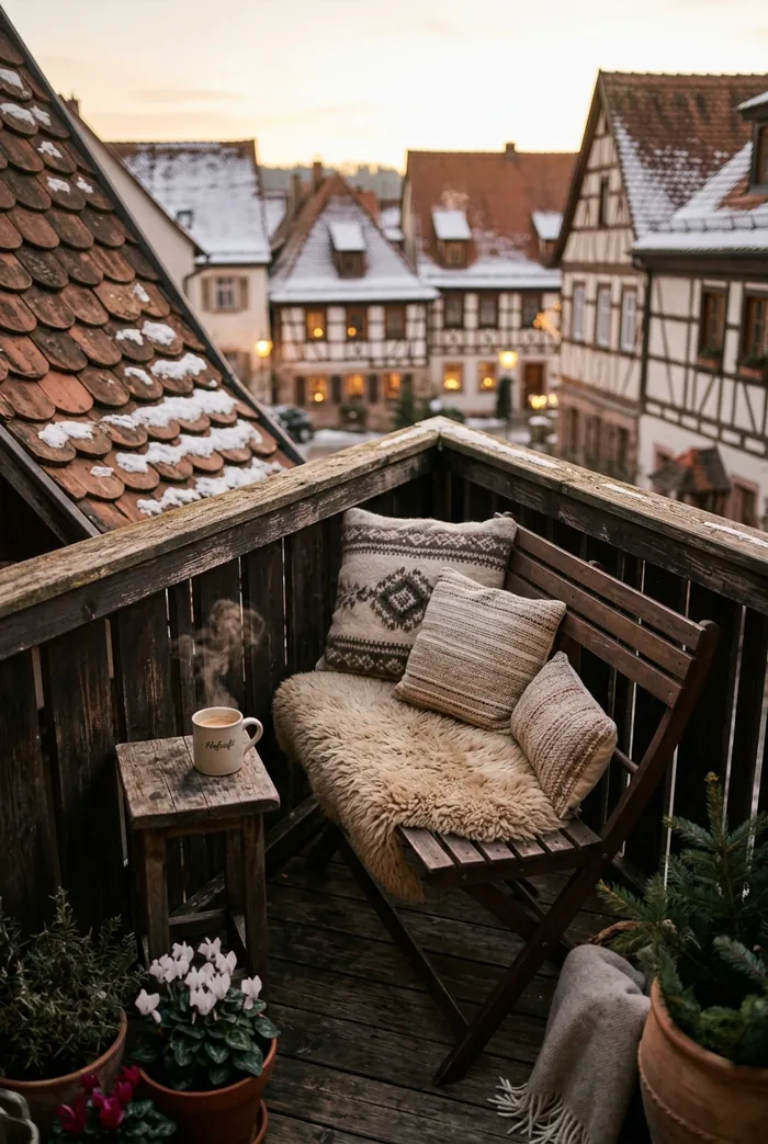 Schmale Klappbank mit Fell und Kissen auf einem winterlichen Balkon.