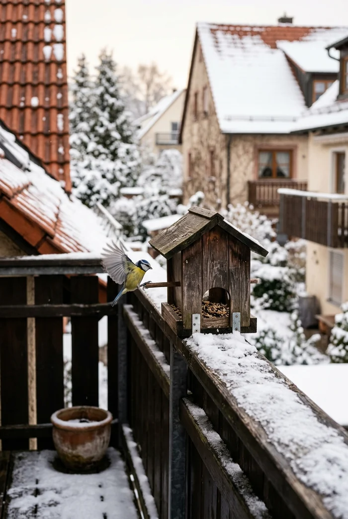 Vogelfutterhaus am Balkongeländer im Winter mit einer Meise.