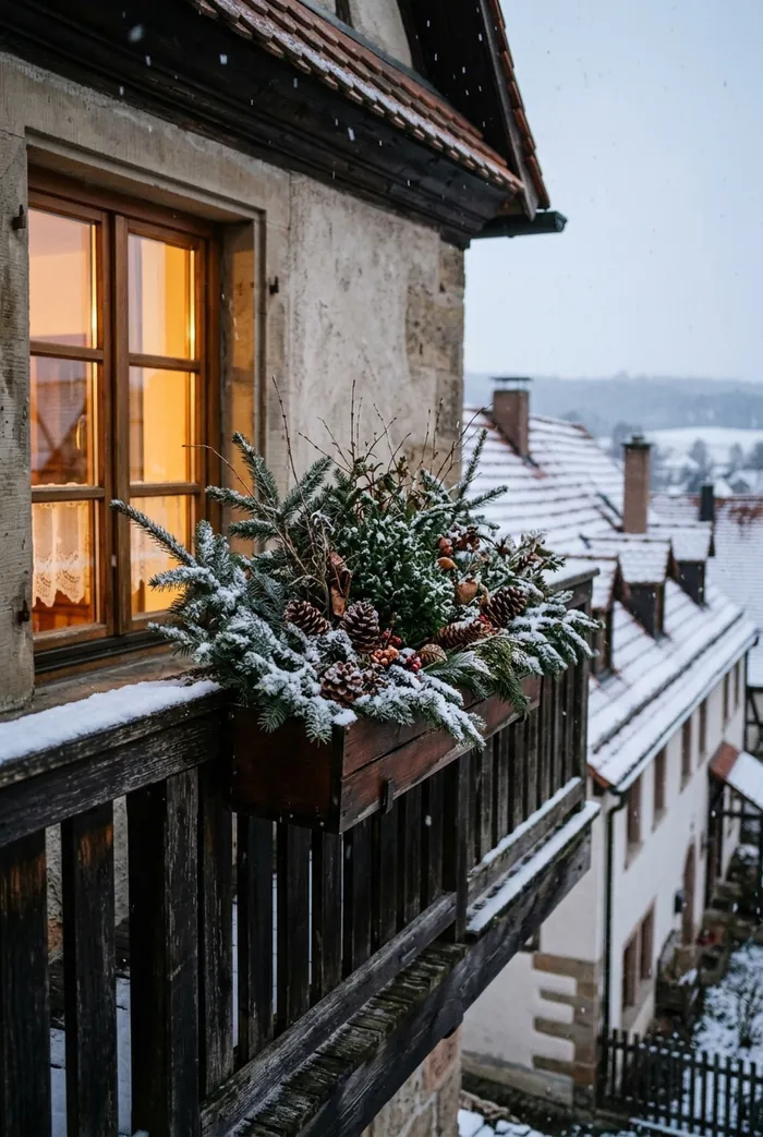 Balkonkasten mit Tannenzweigen und Zapfen im Winter.