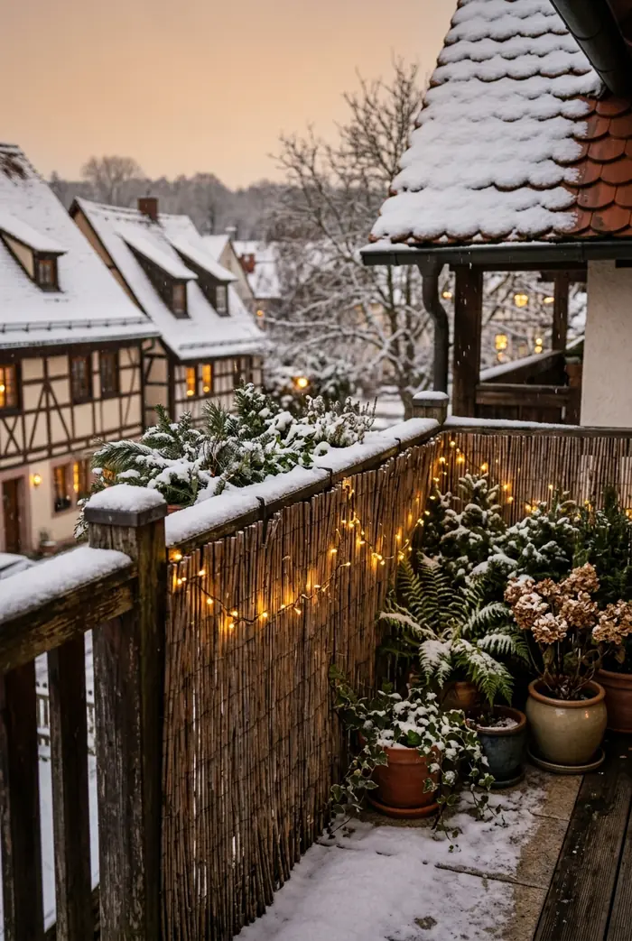 Balkongeländer mit Sichtschutzmatte aus Schilf im Winter.